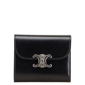 Celine Triomphe Flap Wallet Black Leather Tri fold